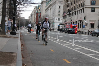 15th Street Cycle Track in Washington, DC.  Photo by Elvert Barnes on FlickR, http://www.flickr.com/photos/perspective/6919215229/