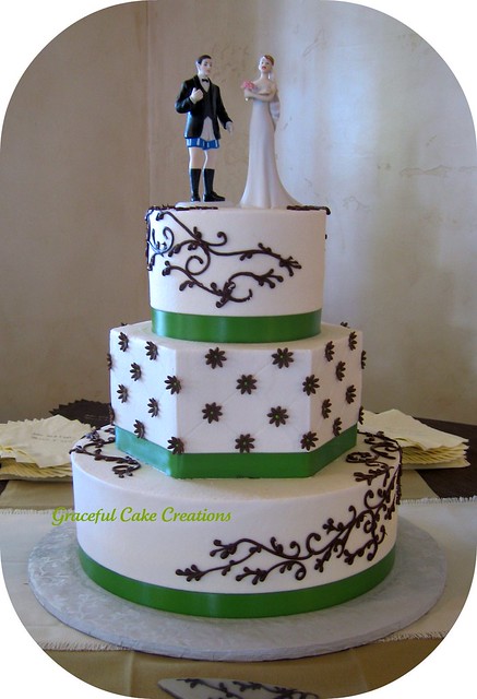 Simple Ivory Green and Brown Wedding Cake