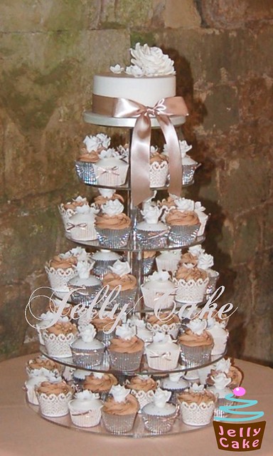 A mocha wedding cupcake tower all set up in the lovely Old Wardour Castle