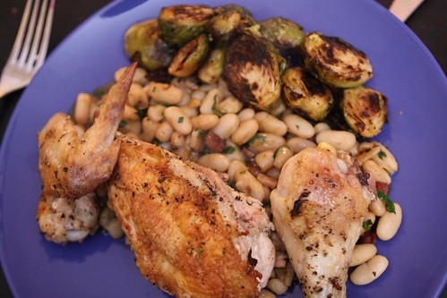 Roast Chicken with Cannellini Beans and Pan Roasted Brussels Sprouts