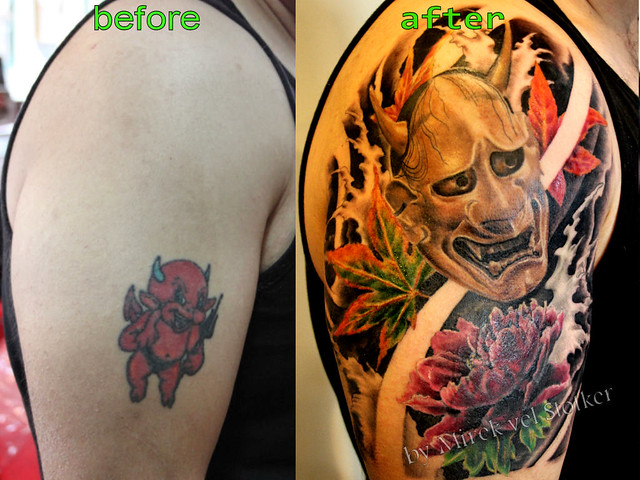 cover up with Japanese mask tattoo by Mirek vel Stotker