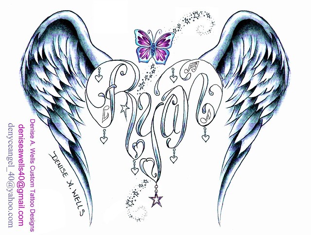  musical notes stardust pattern and colorful butterfly tattoo design