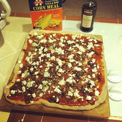 Caramelized onion, roasted garlic, goat cheese pizza. It's what's for dinner