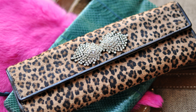 leopard clutch-snakeskin clutch-pink fur-vintage rhinestones