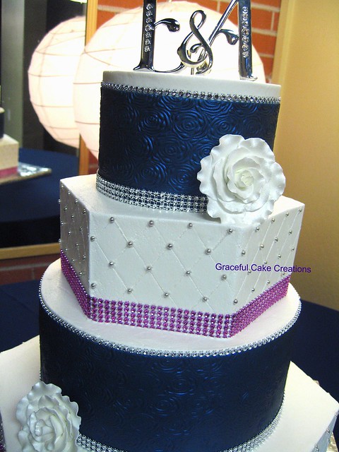 Elegant Navy Blue and White Wedding Cake