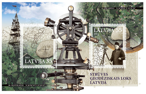 2011.gada skaistākās pastmarkas konkursa uzvarētāja: mākslinieces A.Ozolas-Jaunarājas veidotais izdevums Strūves ģeodēziskais loks