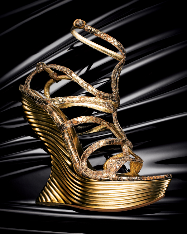 ALEXANDER MCQUEEN Gold metallic python platform wedge sandal