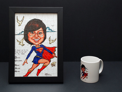 Supergirl caricature printed into jig-saw puzzles and mug