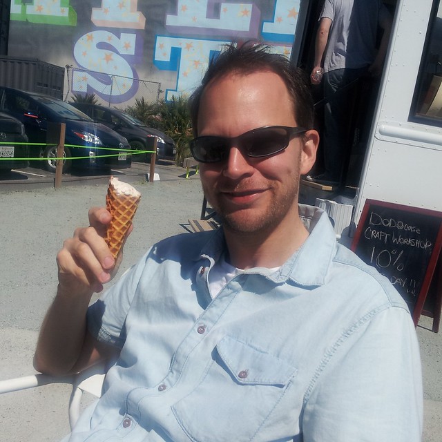 man enjoying a waffle cone at Smitten in San Francsico