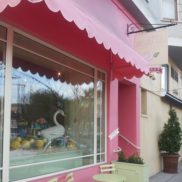 Pink awning of Miette bakery in San Francisco