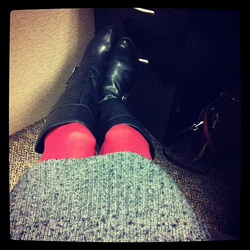 9:30 am. Ho hum, working, but I'm wearing my favorite sweater dress and rust-colored stockings, yay!