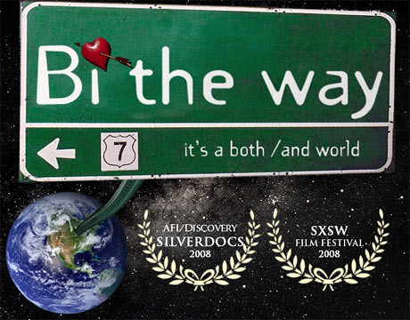 A green and white highway sign featuring the title "Bi the Way" and the subheading "It's a both/and world." Below the sign is an image of Earth, and the background is black space with white stars. 