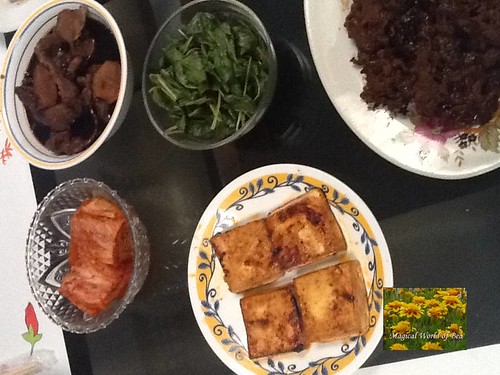 kimchi, korean beef stew, spinach, beef bulgogi, and tofu