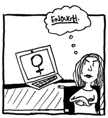 a black and white comic illustration by Anna Hamilton of a person with long hair sitting with their arms angrily folded in a wheelchair. They are looking resentfully at their computer screen, which has a woman's symbol on it, and signifies feminism online.