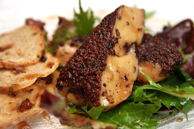 Cocoa bean crusted foie gras with port wine reduction
