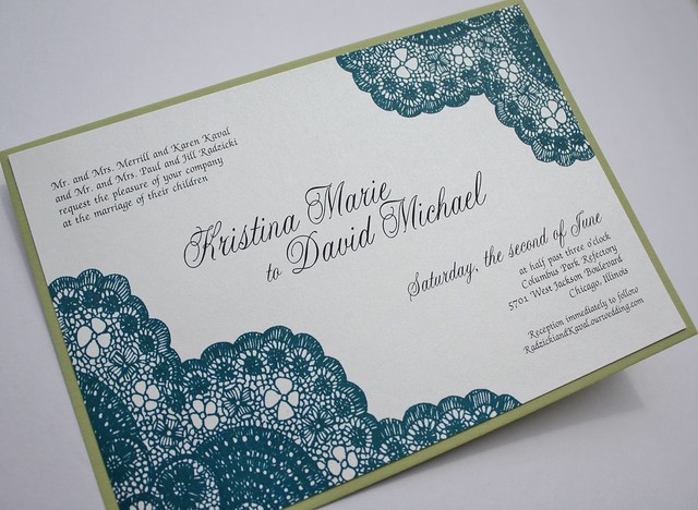 Teal and Chartreuse Vintage Antique Lace Wedding Invitation Set