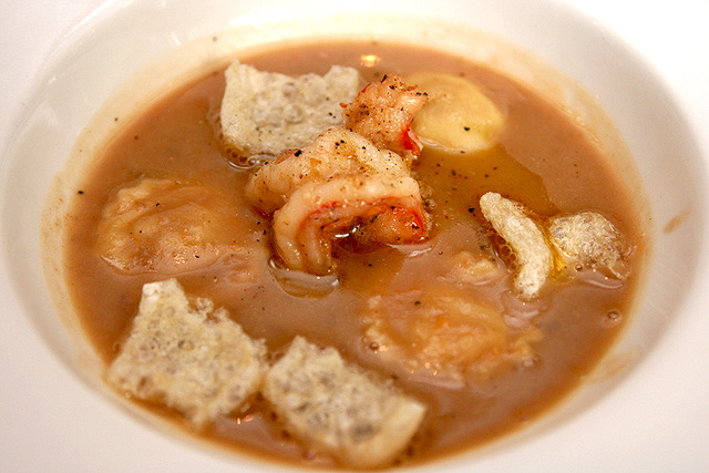 Veneto style borlotti bean and pasta soup with pepper prawn