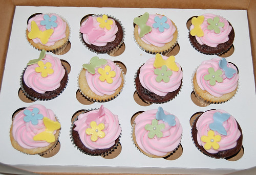 2nd birthday cupcakes - butterflies and hearts in pastel colors
