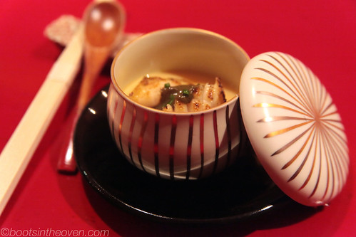 Steamed egg with abalone and liver vinaigrette paste (chawanmushi"