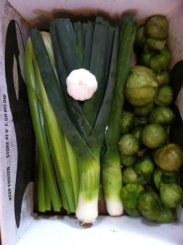 Garlic, tomatillos, leeks and celery