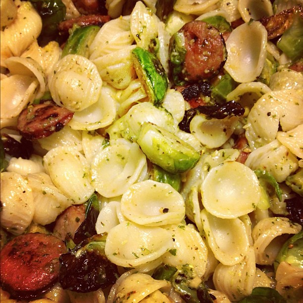 Tonight's dinner - orecchiette pasta with pesto, roasted Brussels sprouts & chicken apple sausage