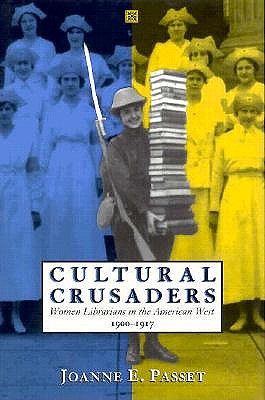 The cover to the book 'Cultural Crusaders' featuring a woman in the West carrying a large stack of books. 