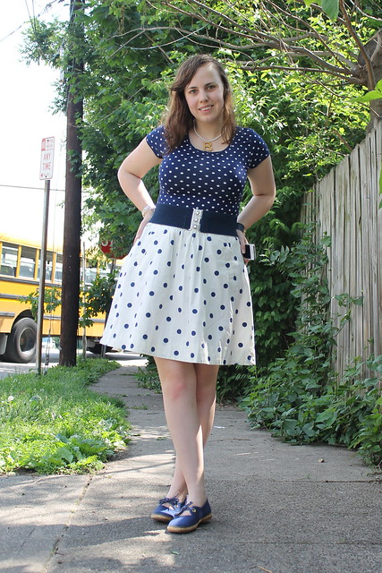 Double dots outfit: polkadot skirt from J. Crew Factory, polkadot top from H&M, thrifted belt, thrifted espadrilles, Anne Boleyn necklace made by me
