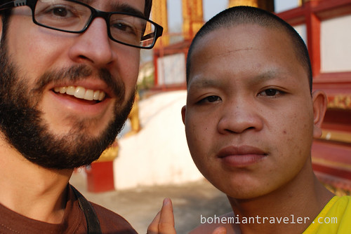 Stephen and a monk at Vat Manorom in Luang Prabang Laos