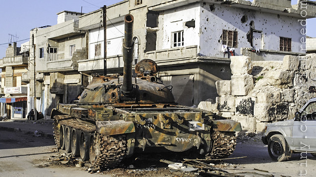 A destroyed Syrian army tank is shown in the Rastan area in Homs province, central Syria, Tuesday, March 20, 2012. (AP Photo)