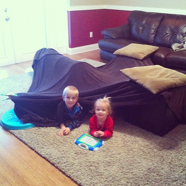 It's cold today so we're building a fort.