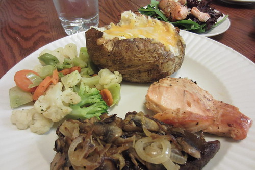 Valentine's Day Dinner Salmon, Steak, Streamed Veggies, Twice Baked Potato