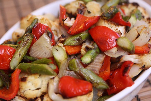 Roasted Spring Cauliflower with Asparagus, Red Pepper, and Onion