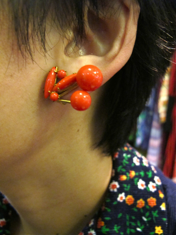 Cute! 1950s red beaded earrings, Austrian, New Old Stock