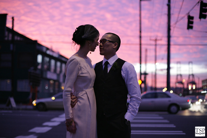 Bride and Groom in Seattle Sunset