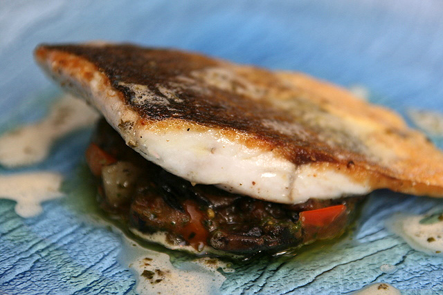 European sea bass fillet with sautéed mushrooms and potato