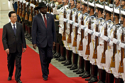 People's Republic of China President Hu Jintao with President of South Sudan Silva Kiir walk past honor guard in Beijing during official visit. Kiir cut short his visit to China amid growing threats of war with Sudan. by Pan-African News Wire File Photos