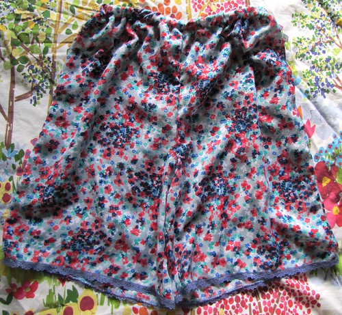 blue floral pettipants on bed