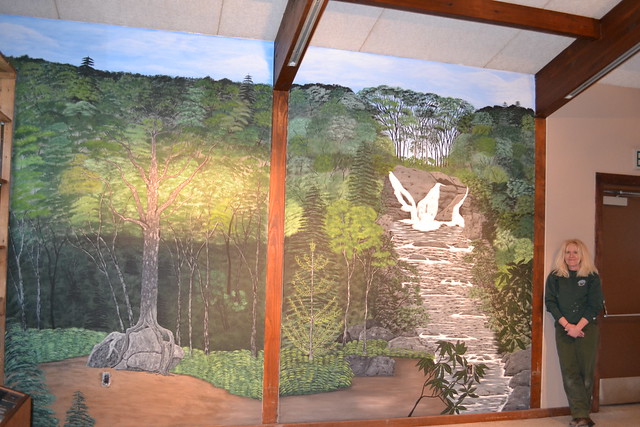Kay Henderson and one of her beautiful murals at Grayson Highlands State Park