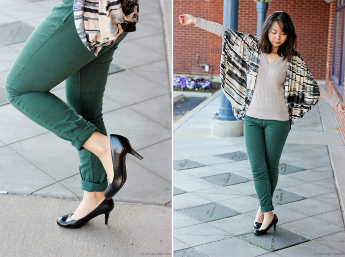 green pants and heels