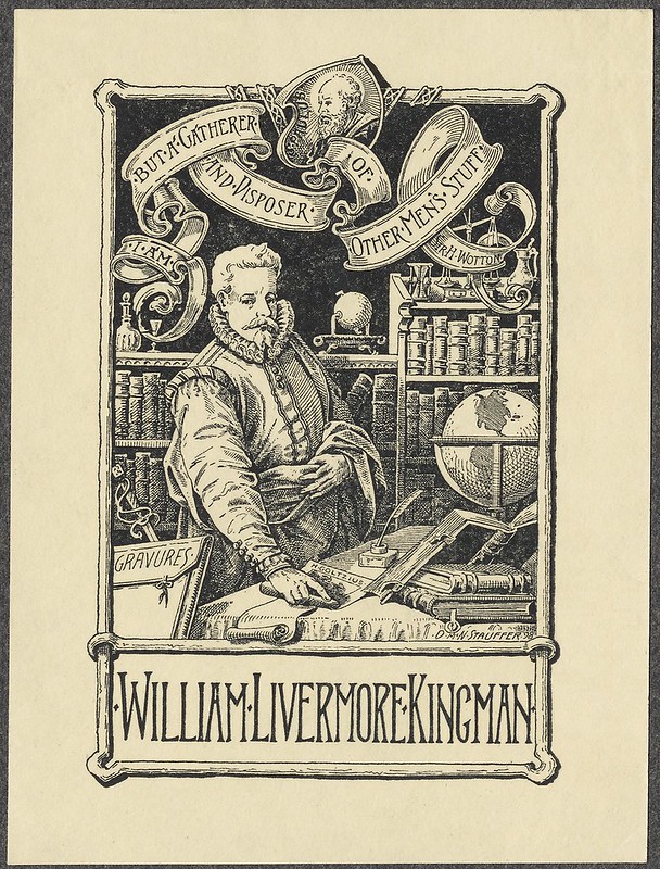 bookplate engraving : renaissance fellow (John Overholt) in library scene; title in ribbons
