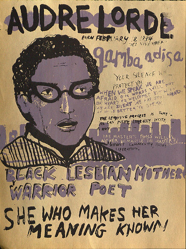 an illustration of Audre Lorde with painted text on a gold background, including her date of birth, death date, and quotations
