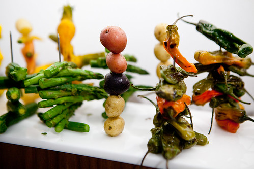 Skewered asparagus, jalapeno peppers, mini new potatoes