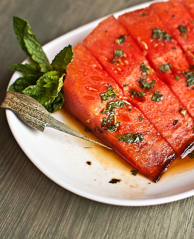 Sauteed watermelon with honey and mint