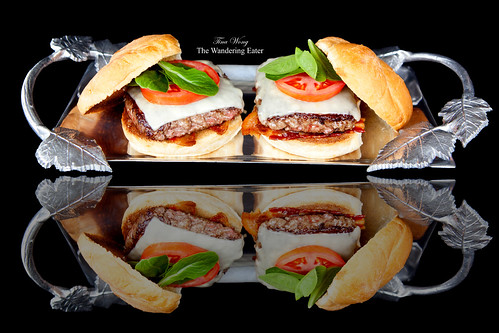 Silver tray of plated Michael White's White Label Hamburger from Pat LaFrieda