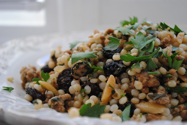 Pearl Couscous with Ground Veal, Almonds and Raisins