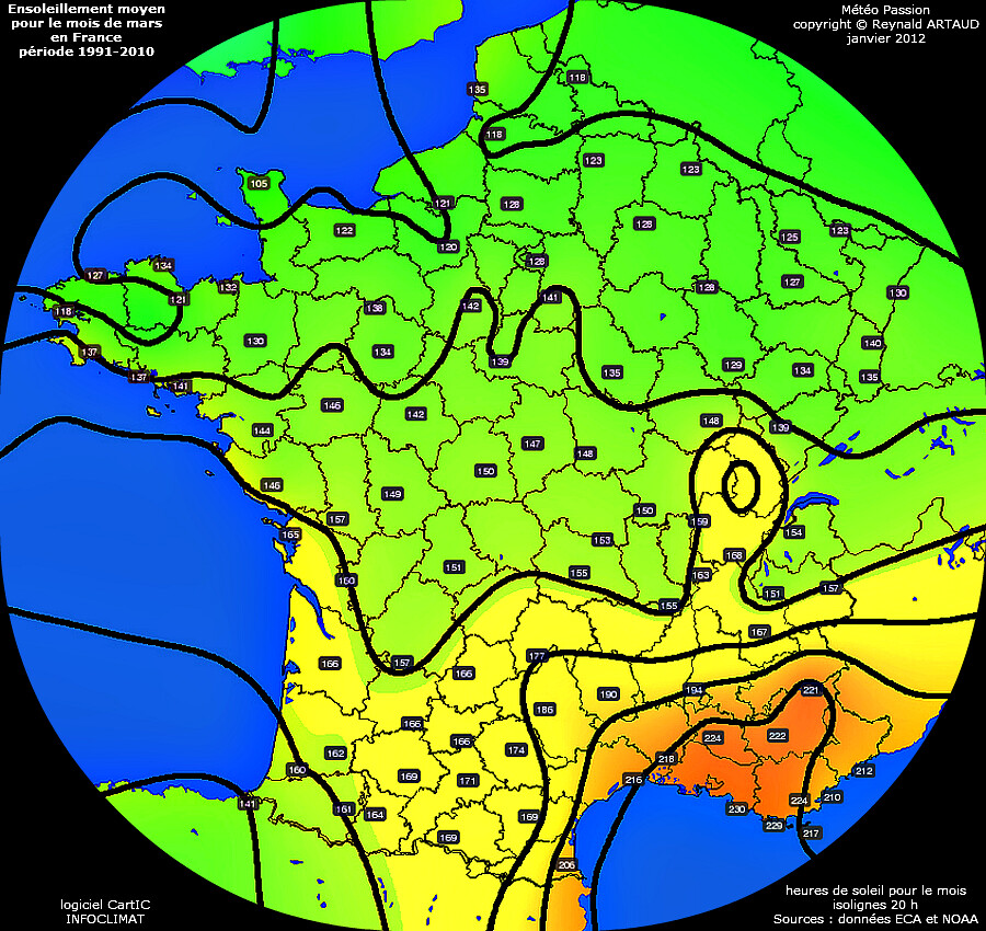 ensoleillement moyen pour le mois de mars en France période 1991-2010 Reynald ARTAUD météopassion