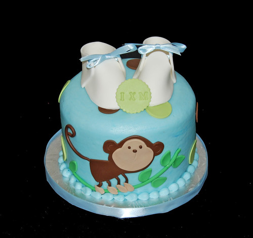 monkey cupcake tower in blue, green and brown