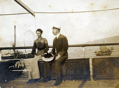 Captain Lossius and his wife aboard SS Kinshan. Hong Kong - Canton Line. 1900s.