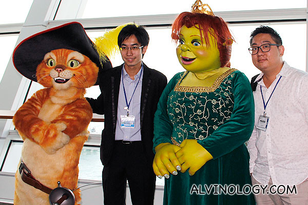 Hong Peng and I with Fiona and Puss from Dreamwork's Shrek