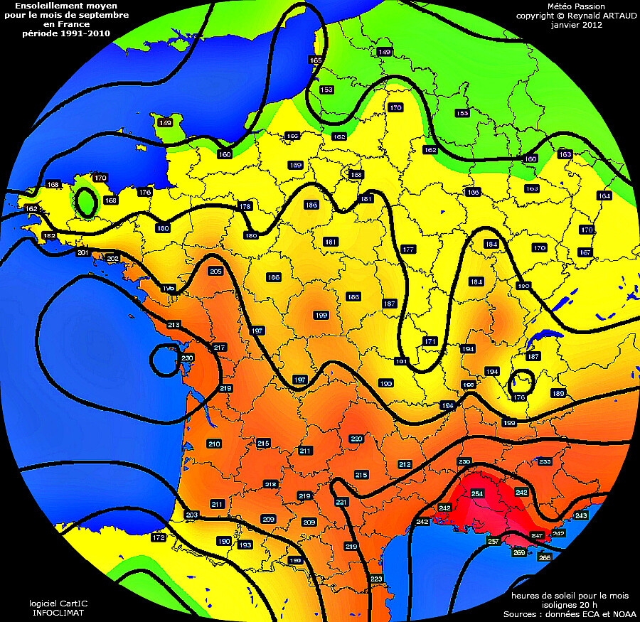 ensoleillement moyen pour le mois de septembre en France période 1991-2010 Reynald ARTAUD météopassion